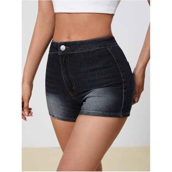 Dark Blue Women's High Waist Denim Shorts Straight Leg Roll Up Hem Button Jean - Picture 5 of 5